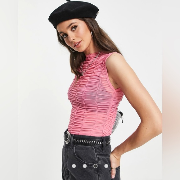 Top shop Ruched Mesh Tank Top in Pink NWT - Picture 3 of 10